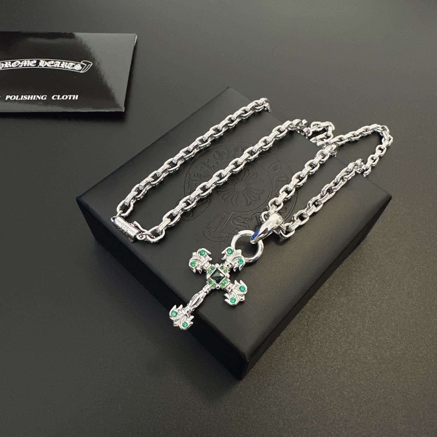 Chrome Hearts Silver Cross Pendant with Emerald Accents